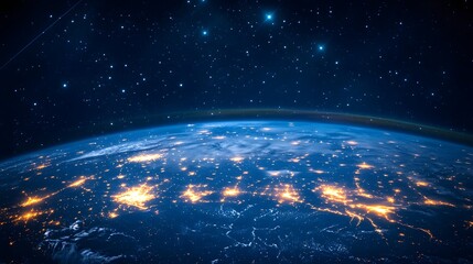 Obraz premium Earth from space showcasing city lights in the night with glowing continents and a starry sky with numerous stars and distant celestial bodies above