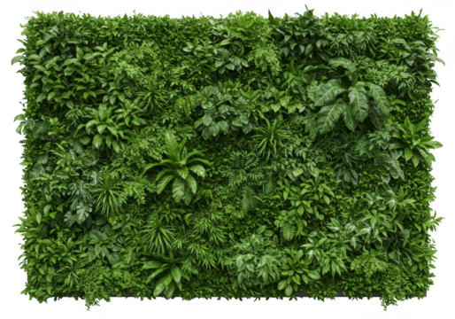 A lush green wall composed of various plants and foliage, isolated on a transparent background