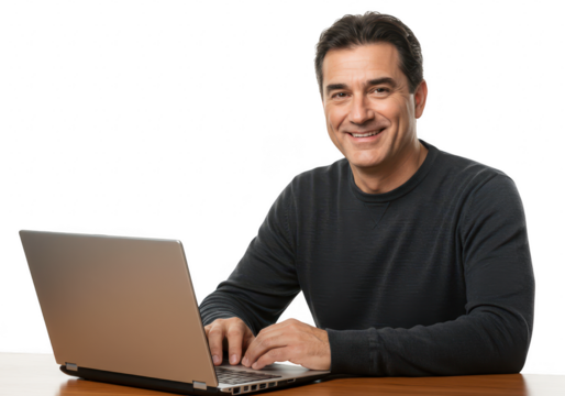 A smiling middleaged man sits at a desk using a laptop computer, isolated on transparent background