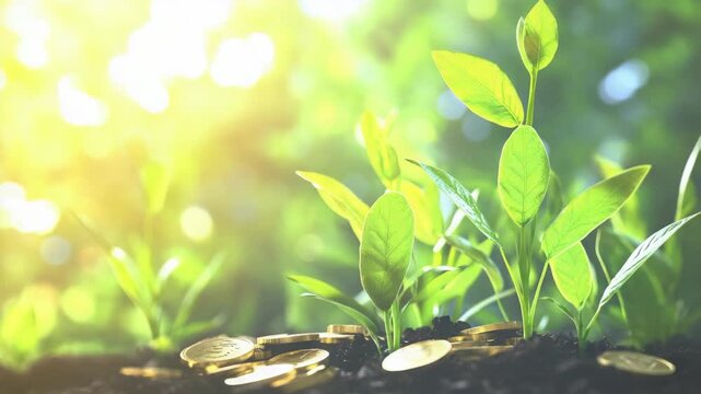 Circles of coins buried in the dirt under a canopy of sunlight, symbolizing financial growth and nature.