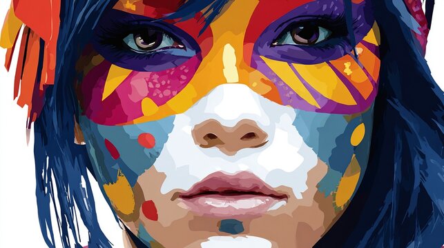 Close-up digital portrait of a woman with vibrant, abstract face paint - Powered by Adobe