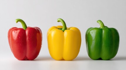 Three colorful bell peppers, red, yellow, and green, arranged in a row against a plain white background