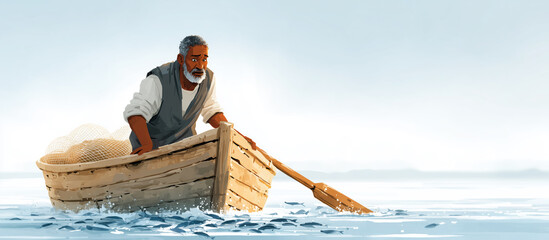 An expressive illustration of the biblical apostle Peter, astonished by the miraculous catch of fish. A powerful scene of faith, awe, and divine abundance. Banner format with copy space.
