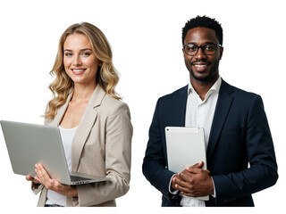 Smiling diverse business professionals a woman with a laptop and a man with a tablet isolated on transparent background