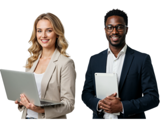 Smiling diverse business professionals a woman with a laptop and a man with a tablet isolated on transparent background