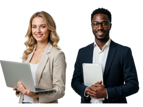 Smiling diverse business professionals a woman with a laptop and a man with a tablet isolated on transparent background