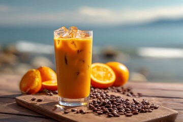 Iced orange coffee drink on a wooden board with oranges and coffee beans against a blurry seascape