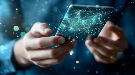 Hands holding a modern smartphone with digital network hologram representing technology, connectivity, data transfer, and innovation in a futuristic science concept