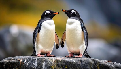 Fototapeta premium Two penguins facing each other on a rock