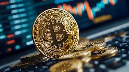 Close-up of a shiny gold Bitcoin coin standing on a computer keyboard with digital stock market charts blurred in the background, symbolizing cryptocurrency trading and digital finance
