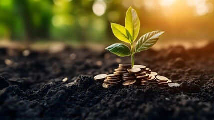 Young green plant sprouting from soil with a small stack of coins at its base, symbolizing growth, financial investment, eco-friendly initiatives, and new beginnings in nature and economy