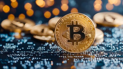 Golden Bitcoin coin standing upright among scattered coins on a reflective surface with bokeh lights in the background, emphasizing cryptocurrency, digital finance, blockchain technology, and