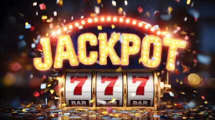  A festive banner announcing a jackpot win with animated confetti and brightly lit slot machines
