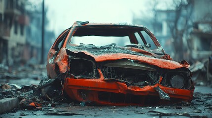 Damaged and burned-out red car wreck in an urban disaster zone with debris, smoke, and destruction surrounding the vehicle after an accident or fire