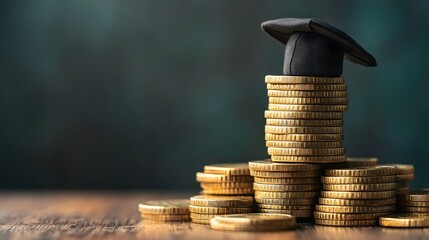 Stack of gold coins with a graduation cap on top symbolizing financial success, education investment, and academic achievement with a blurred dark background