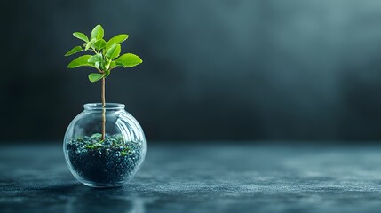 Young green plant with vibrant leaves growing in a glass container filled with soil and water, symbolizing sustainability, eco-friendliness, growth, and environmental conservation