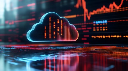 Digital Cloud Computing Icon with Data Visualization and Network Elements in a Futuristic Data Center Environment