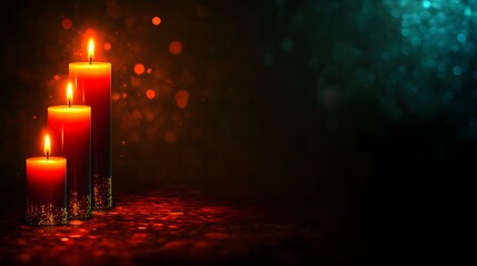 Three glowing red and orange candles with flickering flames and burning wax on a dark reflective surface, illuminated by warm candlelight creating a cozy, festive, and romantic atmosphere