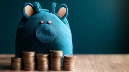 Blue plush piggy bank with coin stacks on wooden surface representing savings and financial growth in a minimalistic style