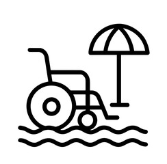 Accessible beach wheelchair next to umbrella on sandy shore  