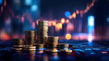 Stacked golden coins on a digital stock market graph background representing financial growth, investment, economy, wealth, success, currency, profit, trading, business, finance concept