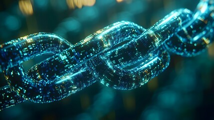 Close-up of a digitally rendered DNA double helix strand illuminated with glowing blue and gold lights in a high-tech science concept