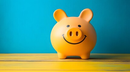 Yellow piggy bank with a smiling face on a vibrant blue background, symbolizing savings and financial security, placed on a wooden surface with cheerful and bright colors