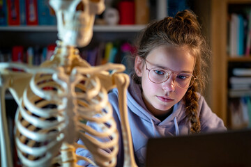 Girl Studies Anatomy With Skeleton Model. Learning, education concept. Use for science, medical, learning themes.