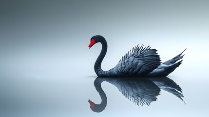 Elegant black swan with red beak gracefully gliding on calm water surface, reflected perfectly in smooth water, minimalist scene with soft gradient background, serene nature landscape