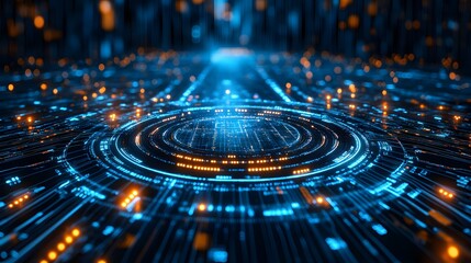 Futuristic digital technology abstract with glowing blue and orange circuitry circles and lines, representing innovation, data networks, connectivity