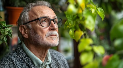 Close-up of an elderly man with gray hair and beard wearing glasses, observing lush green houseplants in a well-lit indoor garden or greenhouse environment