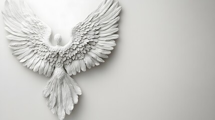 Elegant white angel sculpture with detailed feather wings mounted on a plain white wall, symbolizing purity, spirituality, and serenity in a modern minimalist style