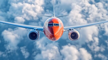 Modern passenger airplane flying high above fluffy clouds with sleek design and powerful engines, capturing a front view of an aircraft soaring through clear blue skies