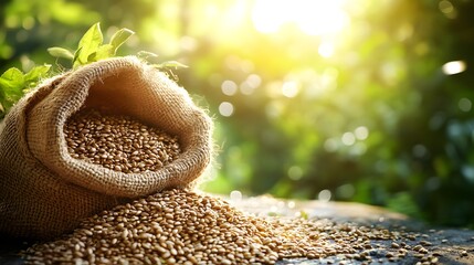 Sacked flax seeds spilling out on rustic wood surface in lush green sunlight with bokeh background in an agricultural or natural setting