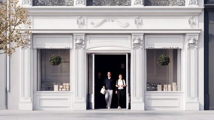 An elegant and modern retail storefront with classic architecture, featuring a clean white design. The shop window showcases various products in an inviting manner. - Powered by Adobe