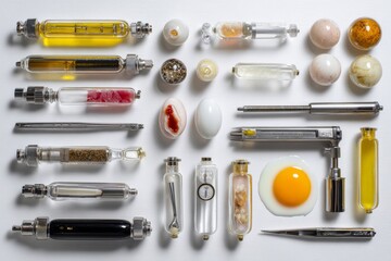 Fototapeta premium Intriguing still life featuring scientific equipment, eggs, and an overall minimalistic design.