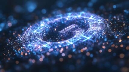 Futuristic digital data visualization with glowing blue and purple particles forming a complex wave pattern in a dark abstract background
