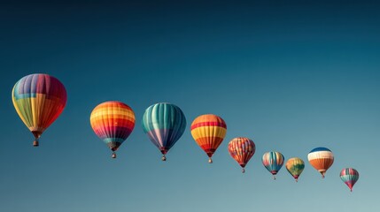 Fototapeta premium Colorful hot air balloons ascend in a diagonal line against a clear blue sky