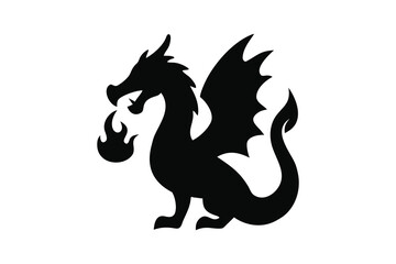 Fototapeta premium Majestic Dragon Breathing Fire Fantasy Creature Illustration in Black Silhouette Style on White Background Mythical Beast Design silhouette