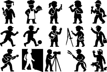 Silhouettes of 16 diverse professions and hobbies, including scientist, artist, athlete, gardener, and firefighter. Expresses career aspirations, creativity, and cultural representation in vector form
