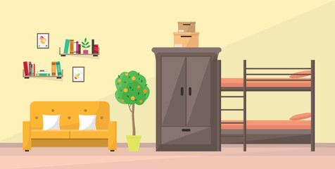Interior with bunk bed, wardrobe, sofa and other items. Student or teenager room. Hostel.
