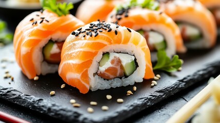 Close up of fresh salmon sushi rolls garnished with sesame seeds and parsley