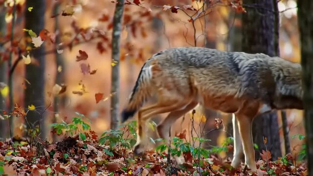 Red wolf autumn forest hunt.
