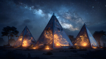 three mystical glowing pyramids set against a starlit sky radiating magical energy and cosmic light in a surreal night landscape with celestial atmosphere