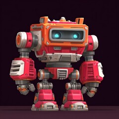 Fototapeta premium Robot character stands with mechanical design, front view, isolated