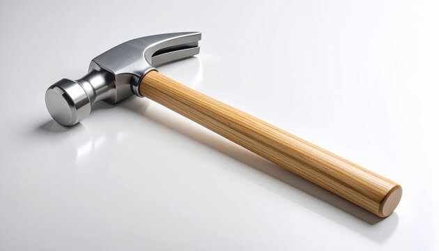 Ball peen hammer with wooden handle on white background. Working tool, equipment.