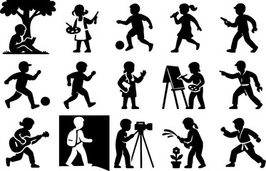 Black silhouette set of children engaged in joyful activities like reading, playing, painting, and gardening, ideal for educational, lifestyle, and cultural-themed illustrations