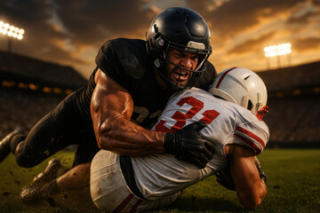 Intense photorealistic tackle moment between American football players in black and white uniforms under dramatic sunset sky. Concept of strength, competition, teamwork, and sports marketing.