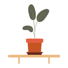 Potted plant on a wooden shelf showcasing greenery in a minimalist indoor space. Isolated vector illustration in flat style on white background.