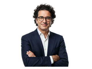 Confident middle aged businessman with curly hair and glasses wearing a suit with arms crossed isolated on transparent background